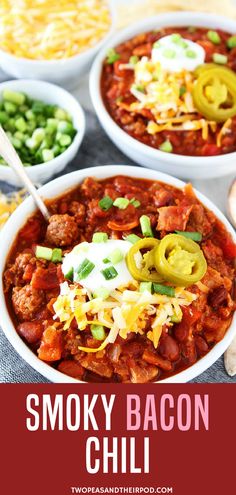 three bowls filled with smoky bacon chili