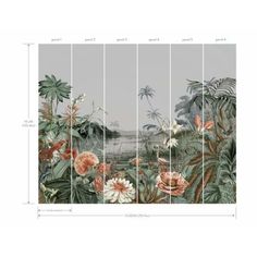 a wall mural with tropical flowers and palm trees