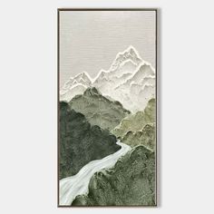 a painting with mountains in the background and a river running through it's center