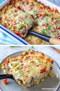 two pictures of a casserole dish with meat and vegetables