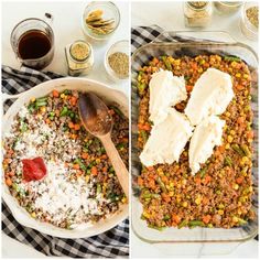 two pictures showing the process of making an enchilada casserole with meat and vegetables