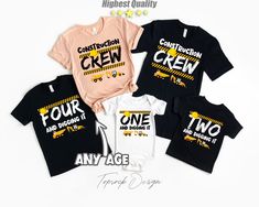 four t - shirts with the words construction crew printed on them, all in different colors