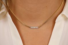 14k Gold Cuban Chain Diamond Necklace / 3mm Cuban Link Necklace with Large Diamonds in 5 Prong Setting / Curb Chain Necklace / 0.60ctw ✔ Handmade ✔ Natural Diamond ✔ Total Carat Weight Diamonds: 0.60ctw ✔ Dimensions of Setting: 3.5 mm The dimension of the links: 3mm Available 14K Yellow Gold ( SOLID GOLD ) 🛠 All Sarah Elise pieces are handcrafted to order, please allow 4 - 10 business days for shipping out. Need it sooner? Just ask and we will let you know if it's possible. 💎 We use only top-g Diamond White Curb Chain Necklace For Gift, Cubic Zirconia Diamond Necklace With Curb Chain For Gifting, Diamond White Necklace With Curb Chain For Gift, Gift Cuban Link Diamond Necklace With Curb Chain, Anniversary Cuban Link Necklace With Diamond Accents, Cuban Link Diamond Necklace With Diamond Accents For Anniversary, Diamond White Curb Chain Jewelry For Anniversary, Anniversary Cuban Link Diamond Necklace With Accents, Anniversary Diamond Necklace With Cuban Link