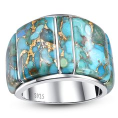 PRICES MAY VARY. Exquisite Design: This women's satement ring features a 18.5mm wide ring face inlaid with teal turquoise, with 8mm wide ring arm, adding a touch of glamour and personality to it. Superior Craftsmanship: Meticulously crafted with attention to detail, this women's turquoise ring is a testament to exceptional quality and durability, ensuring it remains a cherished piece for years to come. Versatile Accessory: Whether worn for special occasions or to elevate your everyday style, thi Turquoise Rings With Polished Finish For Anniversary, Elegant Turquoise Inlay Rings, Turquoise Polished Ring, Western Turquoise, Turquoise Statement Ring, Turquoise Gold Ring, Turquoise Pendant Necklace, Wide Band Ring, Wide Ring