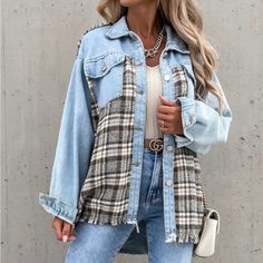 Chambray Jean Jacket With Flannel Plaid. Cute Over A Shirt Or By Itself Small P2p 21” Medium 23” Large 25” Demin Jacket, Baby Outerwear, Trendy Fashion Outfits, Denim Style, Turndown Collar, Denim Coat, Upcycle Clothes, Plaid Flannel, Outerwear Women