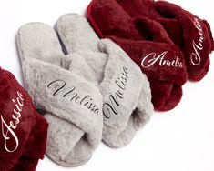 three personalized slippers are lined up on top of each other, one with the wording