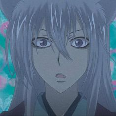 an anime character with grey hair and blue eyes