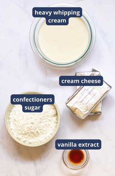 ingredients to make vanilla ice cream on a marble counter top with text describing the ingredients