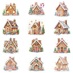 twelve christmas houses with candy canes and candies