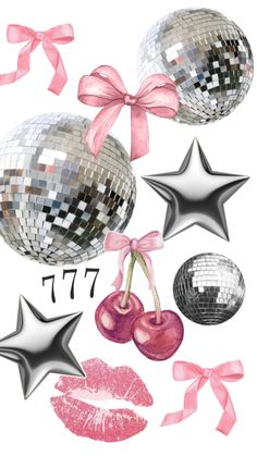 some shiny balls and lipstick on a white background with pink ribbon around the ball, stars and kiss lips