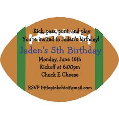 an orange and green football birthday party card