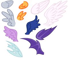 an assortment of different colored wings on a white background