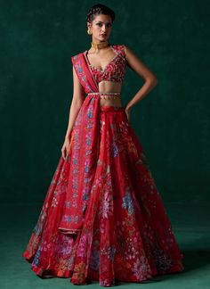 Red Multicolor Floral Printed Lehenga New Lehenga, Engagement Lehenga, Printed Lehenga, Desi Outfits, Dresses Traditional, Organza Top, Style Lookbook, Dress Indian, Wedding Aesthetic