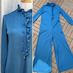 "Vintage 1960's dove blue long sleeve knitted (silk?) jumpsuit with ruffled collar, fabric wrapped buttons and front zipper closure. Side seam pockets Stunning, very well made piece in a great vintage condition (small stain on the right shoulder - didn't try to remove). By Nancy Greer, New York. Size large.  Measurements (flat) Shoulder to shoulder: 15.5'' Armpit to armpit: 20'' Waist: 36\" Hips 44\" Sleeve Length: 23\" Inseam: 30\" Shoulder to hem overall dress length: 60\"" Retro Fitted Long Sleeve Jumpsuits And Rompers, Retro Long Sleeve Jumpsuit For Fall, Fitted Jumpsuits And Rompers With Ruffles And Long Sleeves, Fitted Long Sleeve Jumpsuits And Rompers With Ruffles, Retro Long Sleeve Jumpsuits And Rompers For Fall, Vintage Long Sleeve Jumpsuits And Rompers For Spring, Spring Long Sleeve Jumpsuits And Rompers With Buttons, Vintage Blue Jumpsuits And Rompers, Vintage Jumpsuits And Rompers For Fall