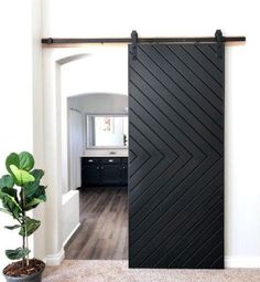 a black sliding door in a living room next to a potted plant on the floor