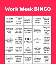 a red and white poster with the words work week bingo