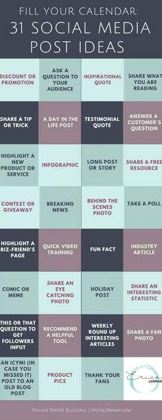 a poster with the words, fill your calendar 31 social media post ideas on it