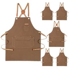 six brown aprons with leather straps on each side and four different styles of the apron