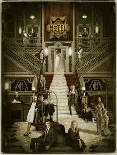 an advertisement for the grand hotel with people dressed in formal clothing and sitting on stairs