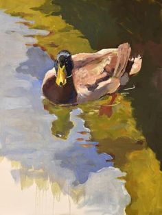 a painting of a duck floating in the water