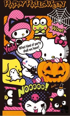 an image of halloween stickers with hello kitty and other cartoon characters on black background