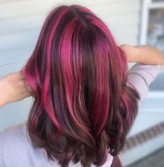 Styled Dyed Hair, Pop Of Color Highlights, Neon Pink Highlights In Brown Hair, Pink And Black Hair Highlights, Pink Higliths Hair, Dark Pink Hair With Light Pink Highlights, Dark Pink Streaks In Brown Hair, Pink Skunk Highlights In Brown Hair, Dark Brown Hair With Hot Pink Highlights