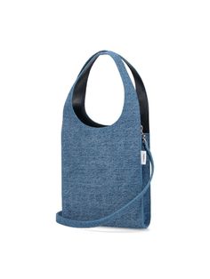 Coperni micro "Swipe" tote bag in blue denim, two top handles, removable shoulder strap, side logo label, single inner compartment. Composition: 100% Cotton Rectangular Denim Blue Bag For On-the-go, Blue Shoulder Bag With Detachable Strap And Round Handle, Blue Shoulder Bag With Round Handle, Blue Bags With Top Carry Round Handle, Denim Blue Tote Bag With Removable Pouch, Denim Blue Double Handle Shoulder Bag For Travel, Denim Blue Double Handle Shoulder Bag For Daily Use, Denim Blue Double Handle Shoulder Bag For Everyday Use, Everyday Denim Blue Bag With Double Handle