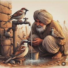 an old man is drinking water from a faucet with birds around his feet