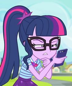 a cartoon girl wearing glasses and holding a cell phone