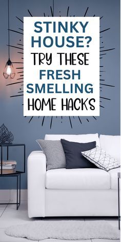 a living room with a white couch and blue wall behind it that says stinky house? try these fresh smelling home hacks