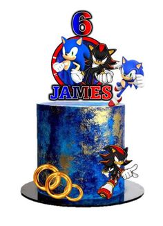 a blue cake with sonic and tails on it