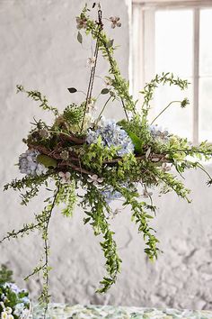 a vase filled with blue and white flowers on top of a table next to a window