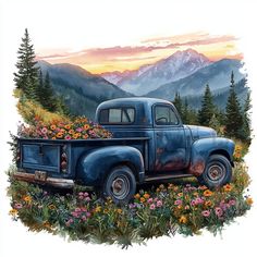 an old blue truck with flowers in the bed and mountains in the backgroud