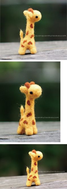 two pictures of a stuffed giraffe sitting on top of a wooden table next to each other