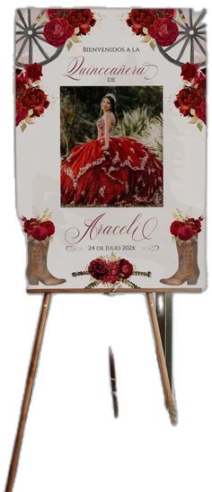 a sign with a woman in a red dress on it's side and flowers around the edges