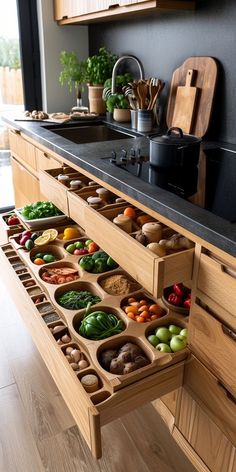 an open drawer in the middle of a kitchen filled with lots of different types of food