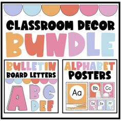 classroom decor bundle for bulletin board letters, posters and art supplies with the word's alphabet