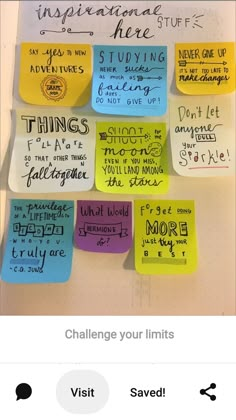 sticky notes with words written on them and the caption above it that says,'challenge your limits '