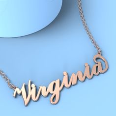 Virginia name necklace Gold Custom Necklace, Personalized Gifts For Her 
								Add something extra special to your jewelry box with Name Necklace Official engravable necklaces.
								The Virginia's 14k gold name necklace is best gifts for Virginia. Name Necklace Official provides affordable engravable jewelry that won't 
								break the bank. In addition, these pieces make for very thoughtful and appreciated gifts for friends and family. 
								And whether valentine's day gifts, mother's day gifts, christmas gifts, wedding gifts, graduation gifts, birthday gifts,
								 NAME NECKLACE are all the best gift choice store. Virginia Name, Engravable Jewelry, Name Necklace Silver, Name Necklace Gold, Gold Name Necklace, Personalized Gifts For Her, Engraved Jewelry, Gifts Birthday, Engraved Necklace