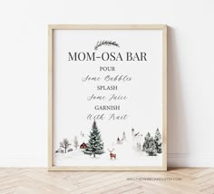 a framed sign with the words mom - osa bar on it in front of a white wall