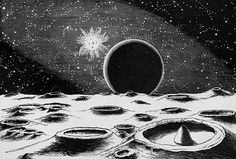 an artist's depiction of the moon and its surface in black and white ink