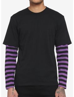 Purple And Black Striped Sweater, Guy Clothes Aesthetic, Human Donnie, Black Striped Shirt Outfit, Hot Topic Outfits, Gender Neutral Outfits, Black Striped Shirt, Outfits Hombre, Fashion Goals