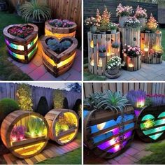 several different types of planters with lights on them and in the shape of hearts