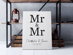 the mr and mrs sign is displayed on a shelf