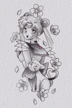 a drawing of a girl with flowers on her shoulder