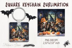 two halloween themed key chains with skeletons and pumpkins on them, one is wearing a witches hat