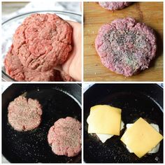 hamburger patties being cooked in a skillet with cheese on top and ground meat on the bottom