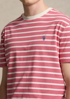 Crafted with a soft cotton jersey, this crew-neck T-shirt features classic stripes and Polo Ralph Lauren's signature embroidered Pony for a timeless look. Classic Fit: Cut fuller through the chest, waist, and sleeve, with a lower armhole that falls closer to the elbow Size medium has a 28.5" body length (front and back), a 20" shoulder, and a 44" chest Crew neck Short sleeves Signature embroidered Pony at the left chest Model is 6'1" (185 cm) and wears a size medium By choosing Ralph Lauren's cotton products, youre supporting the investment in the Better Cotton mission to help cotton communities survive and thrive while protecting and restoring the environment. This product is sourced via a system of mass balance and therefore may not contain Better Cotton. Visit bettercotton.org/learnmore Casual Red Top With Signature Stripes, Classic Crew Neck Top With Signature Stripes, Casual T-shirt With Signature Stripes And Short Sleeves, Casual Short Sleeve Tops With Signature Stripes, Casual Red T-shirt With Contrast Stripes, Classic Striped Crew Neck T-shirt, Classic Striped Cotton T-shirt, Casual Crew Neck Tops With Signature Stripes, Red Cotton Tops With Signature Stripes