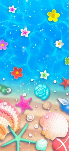 an image of seashells and starfish on the beach with bubbles in the water