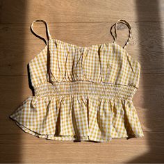 Never Worn Cropped Tank With Peplum Bottom! Yellow & White Gingham Adjustable Straps Follow My Page For New Posts Every Week! Adidas Tank Top, Yellow Gingham, Follow My Page, Sport Tank Tops, Sweater Tank Top, Summer Tank Tops, Sleeveless Crop Top, Pink Summer, Sleeveless Sweater